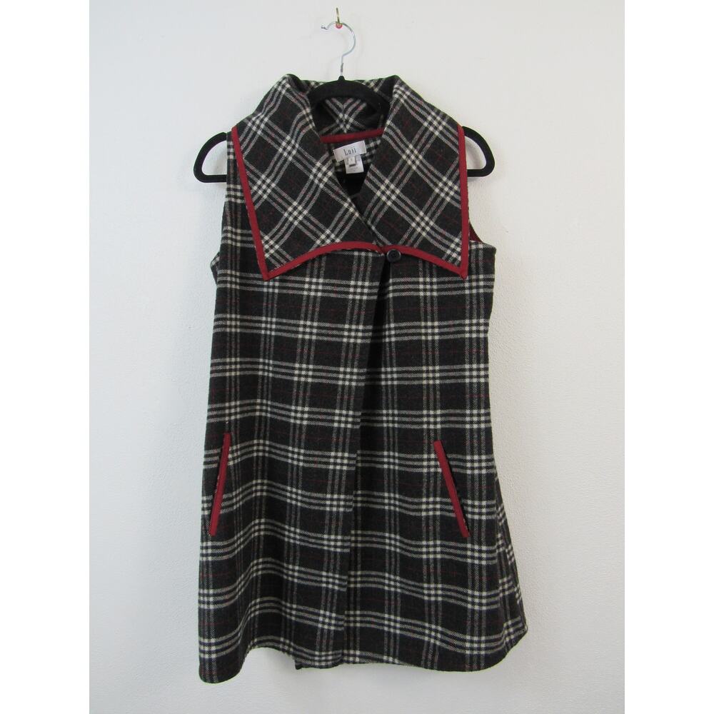 Luii Small Black Gray Plaid Collared Vest Jacket Long Line Mini Dress Pockets